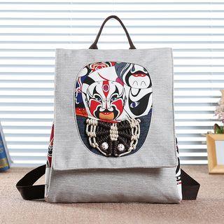 Printed Woven Applique Canvas Backpack Khaki - One Size