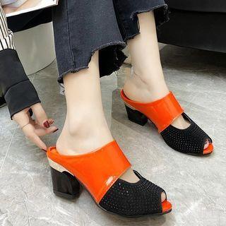 Block Heel Rhinestone Peep Toe Mules
