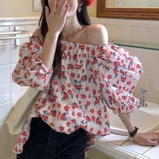 Puff-sleeve Floral Blouse Flower - Red - One Size