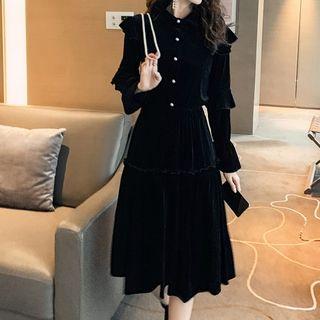 Set: Ruffle Velvet Shirt + Midi A-line Skirt