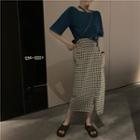 Short-sleeve Plain Cold Shoulder Top / Plaid Midi Skirt