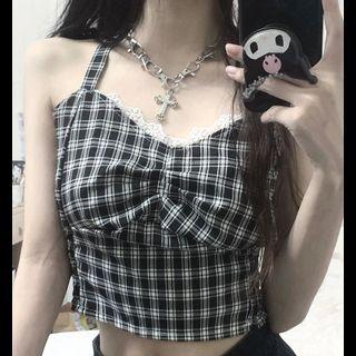 Lace Trim Plaid Camisole Top Black - One Size