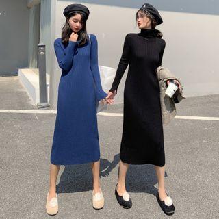 Long-sleeve Turtle Neck Midi Sheath Knit Dress As Shown In Figure - One Size