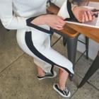 Contrast-trim Rib-knit Midi Pencil Skirt