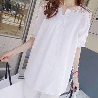 Elbow-sleeve Lace Panel Shirt Dress