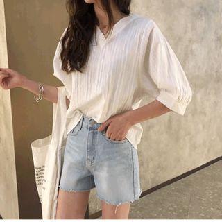 Balloon-sleeve Tie-back Top White - One Size