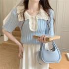 Short-sleeve Two Tone Knit Top Blue - One Size