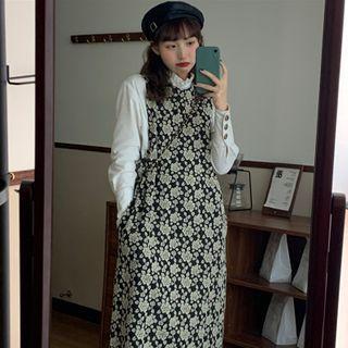 Long-sleeve Mock-neck Frill Trim Blouse / Sleeveless Floral Print Midi A-line Dress