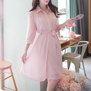 Gathered-waist Chiffon Shirtdress With Sash