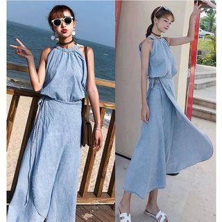 Set: Halter Denim Top + Midi Denim Wrap Skirt