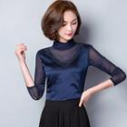 Lace High-waist Slim-fit Sequined Mesh Long-sleeve Top