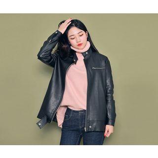 Mandarin-collar Faux-leather Jacket