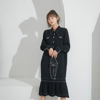 Contrast Stitching Ruffle Hem Midi Dress