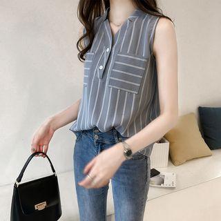 Sleeveless Striped Placket Chiffon Top