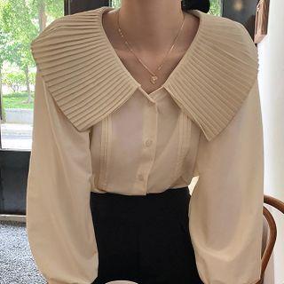 Long-sleeve Collared Ruched Plain Shirt