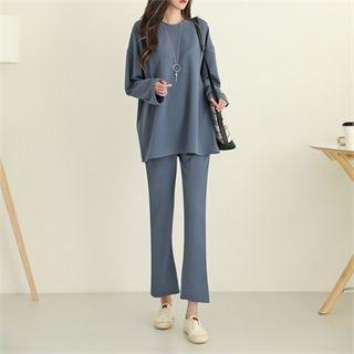 Set: Round-neck Long Top + Band-waist Boot-cut Pants