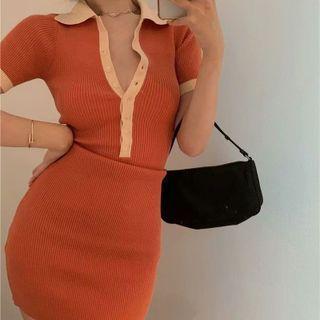 Short Sleeve Contrast-trim Ribbed Knit Mini Dress