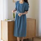 Puff-sleeve Denim Midi Smock Dress