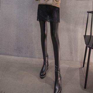 Inset Lace Skirt Faux-leather Leggings