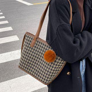 Houndstooth Pom Pom Shoulder Bag