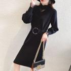 Lace Panel Long-sleeve Tie-waist Knit Midi Sheath Dress