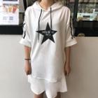 Star Print Elbow-sleeve Hooded T-shirt Dress