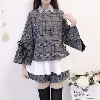 Bell-sleeve Top / Long-sleeve Shirt / Wide Leg Shorts / Set