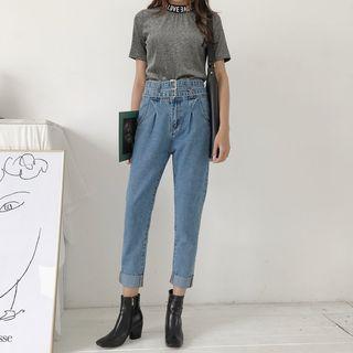 Double Belt Cropped Straight-leg Jeans