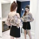 Shoulder Cut Out Elbow-sleeve Floral Top