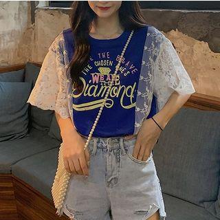 Lace Panel Elbow Sleeve Top Blue - One Size