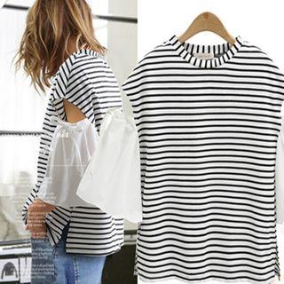 Bell-sleeve Cutout Striped T-shirt