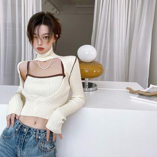Long-sleeve Turtleneck Cutout Knit Top / Camisole Top