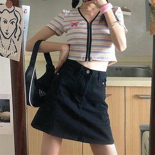 Striped Zip T-shirt / Denim A-line Skirt