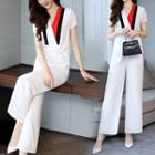 Set: Short Sleeve Contrast Trim V-neck Top + Wide-leg Pants