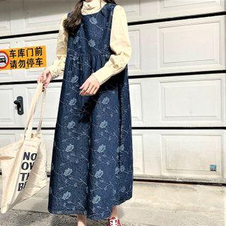 Flower Embroidered Maxi Denim Overall Dress Dark Blue - One Size