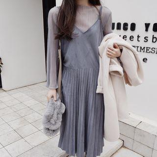 Set: Bell-sleeve See Through Top + Spaghetti Strap Pleated Dress