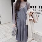 Set: Bell-sleeve See Through Top + Spaghetti Strap Pleated Dress
