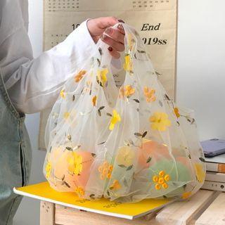 Floral Embroidered Mesh Shopping Bag