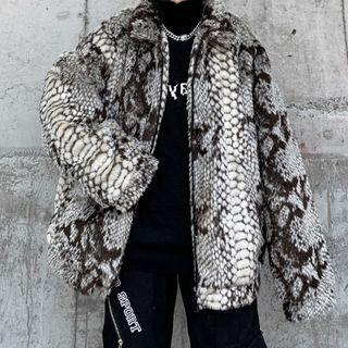 Faux-fur Stand-collar Loose-fit Jacket