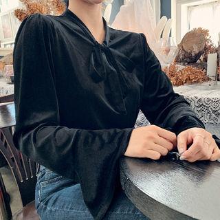 Tie-neck Bell-sleeve Velvet Blouse