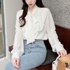 Long-sleeve Plain Bow Accent Shirt White - One Size