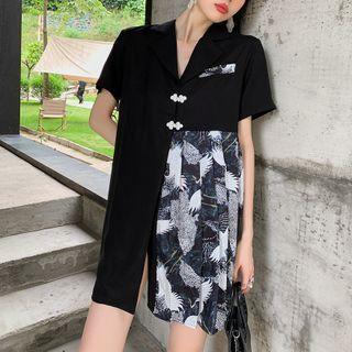 Asymmetrical Crane Print Panel Mini A-line Dress