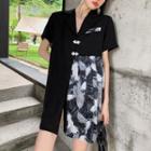 Asymmetrical Crane Print Panel Mini A-line Dress