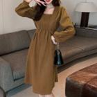 Long-sleeve Pintuck Plain Dress