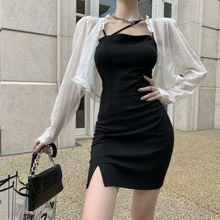 Strappy Tight-fit Tube Split Dress / Tie Front Ruffle Trim See-through Cape Top