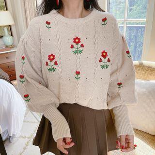 Puff-sleeve Floral Sweater