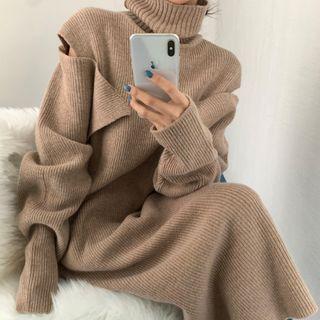 Cut-out Turtleneck Ribbed Knit Midi Sweater Dress