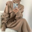 Cut-out Turtleneck Ribbed Knit Midi Sweater Dress