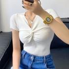Short-sleeve V-neck Twist Ribbed Knit Top