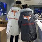 Couple Matching Furry-lined Hooded Print Padded Coat